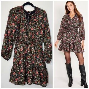 Old Navy Mini Dress Black Floral Shine Waist Defined Lined Long Sleeve Sz M